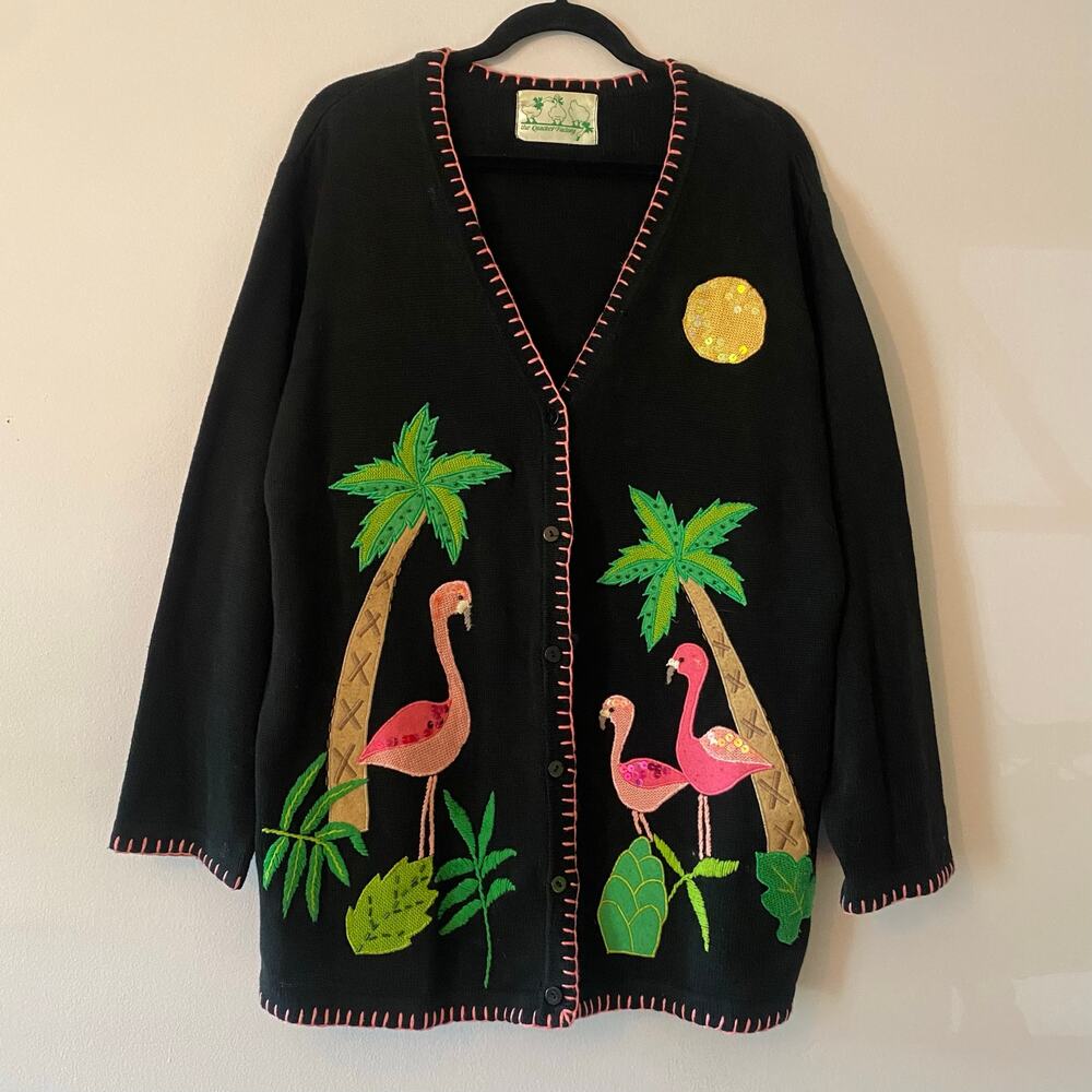 The Quacker Factory Black Knit Flamingo Sequin Tropical Cardigan Sweater 2XL